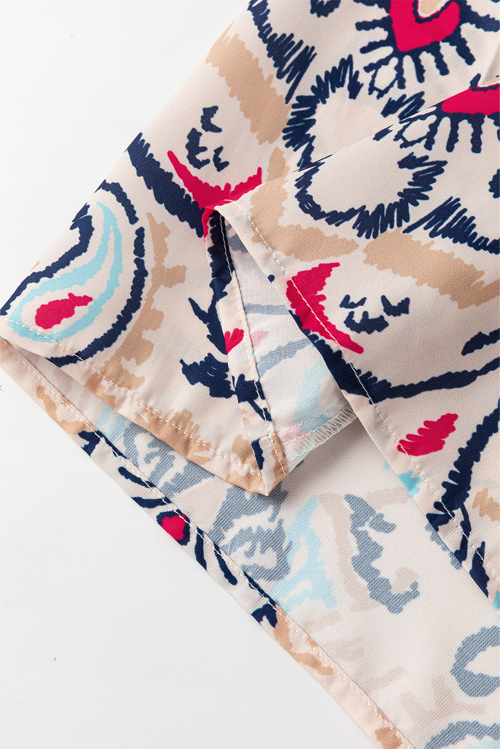 White Abstract Print V-Neck Half Tulip Sleeve Blouse