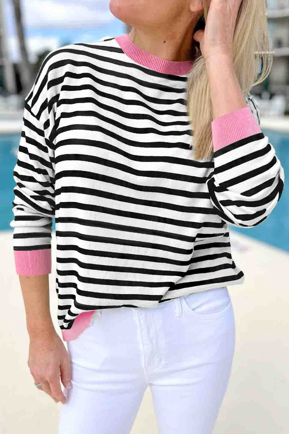 Bright Green Striped Contrast Trim Long Sleeve Top