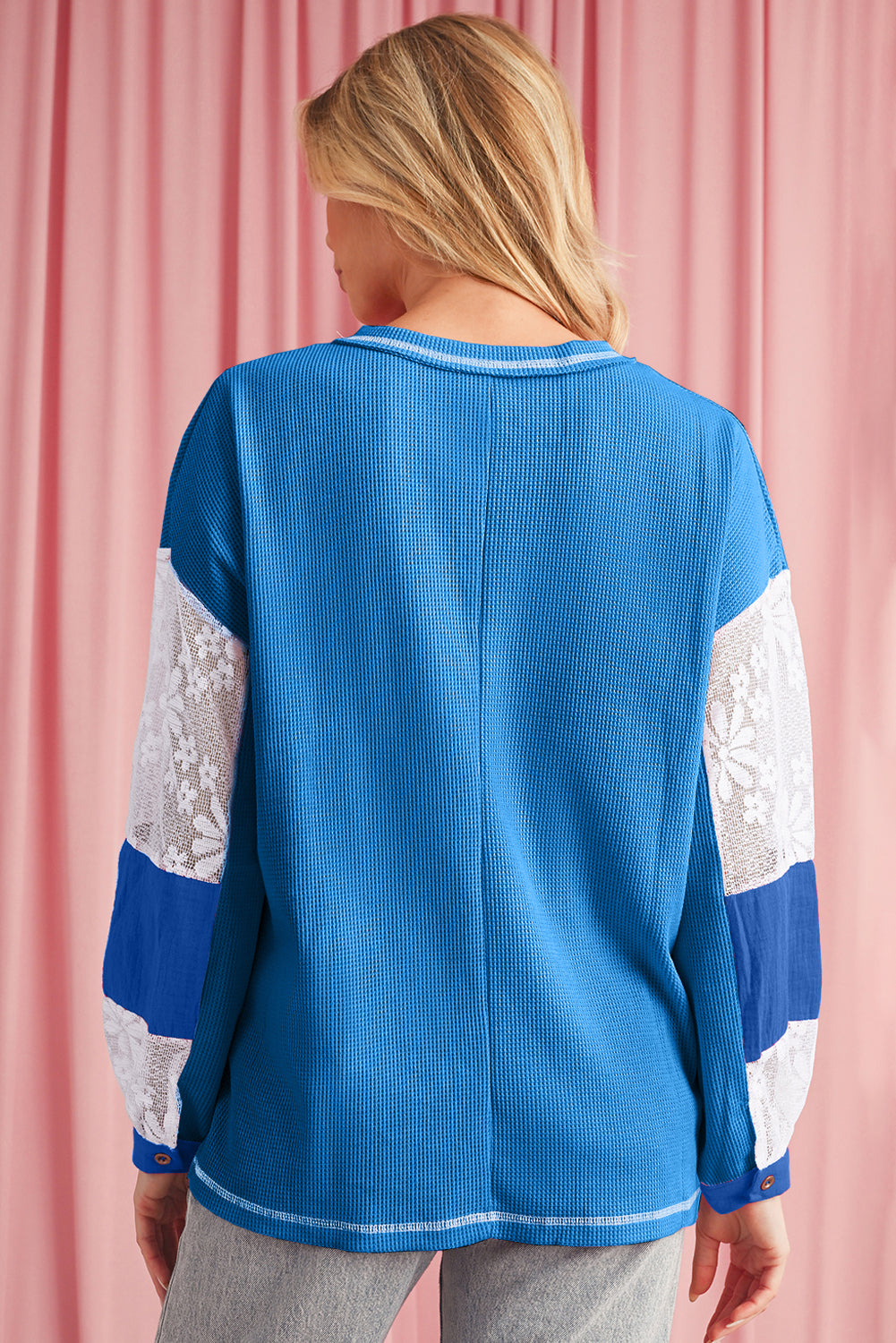 Bonbon Lace Floral Patchwork Sleeve Stitching V Neck Rib Top