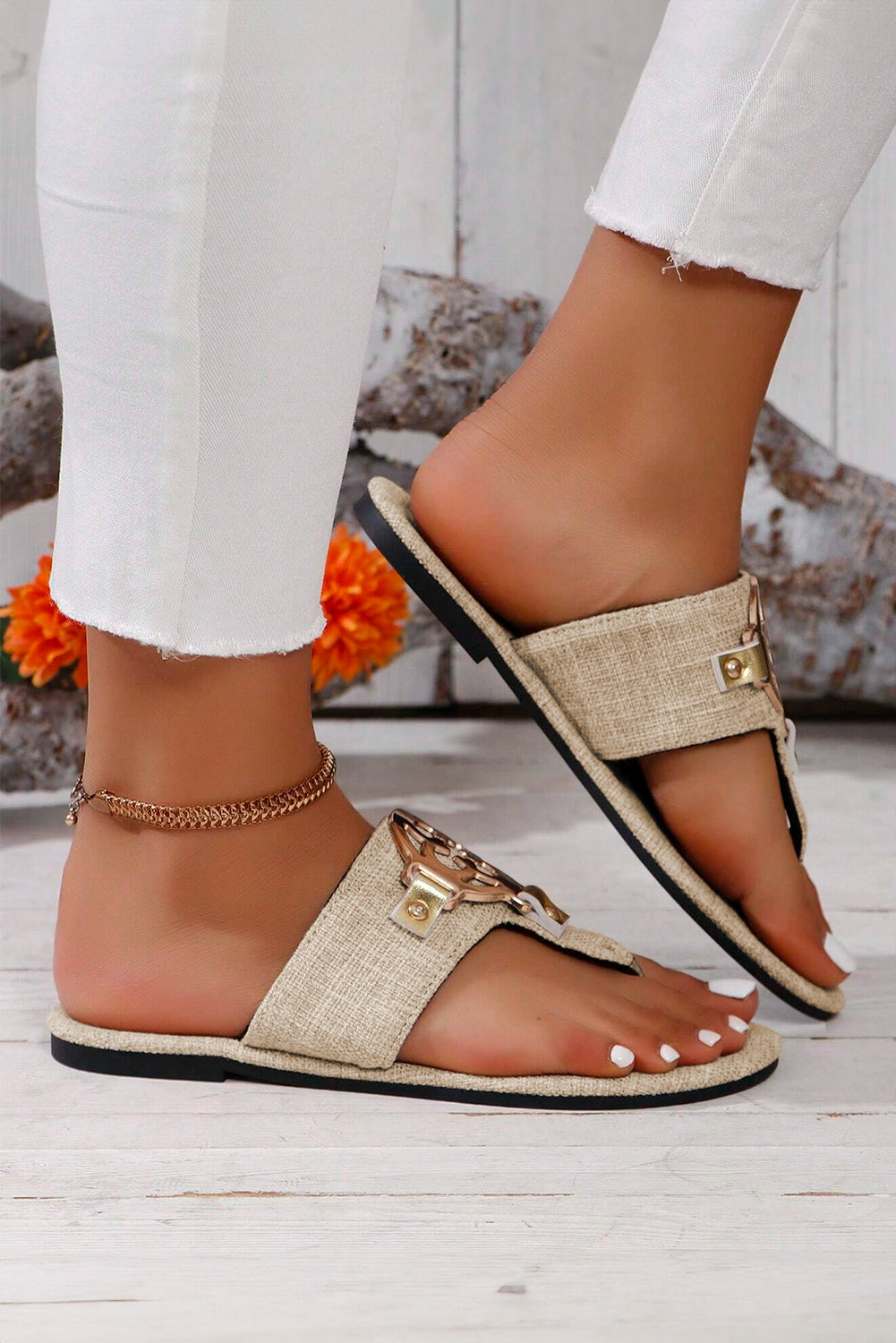 Dusk Blue Metal Decor Leather Thong Slippers