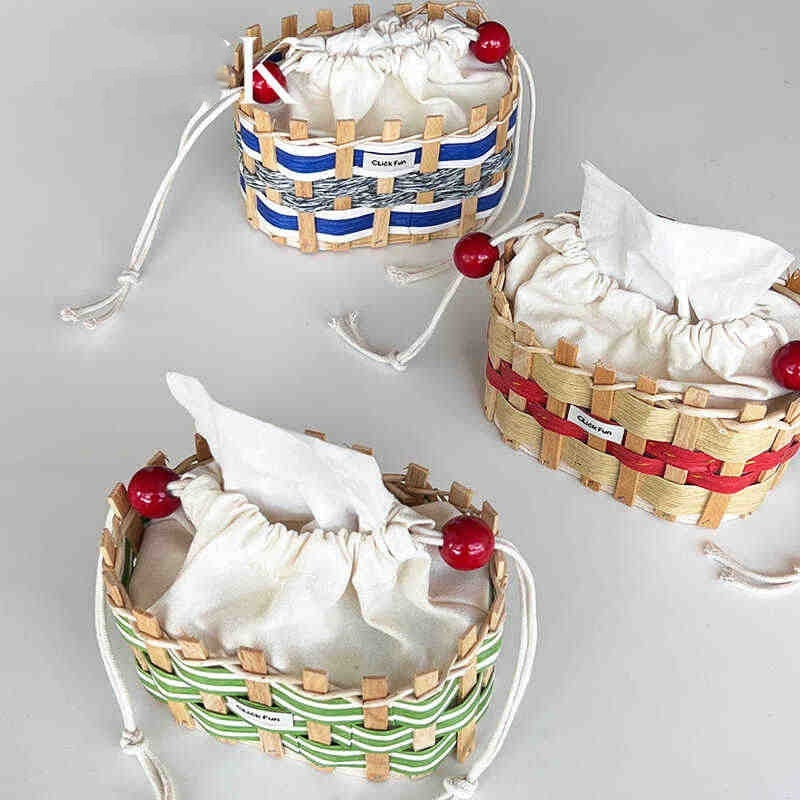 Colorful Wooden Woven Rattan Tissue Storage Basket