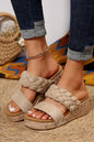 Light French Beige Woven Suede Band Wedge Slippers
