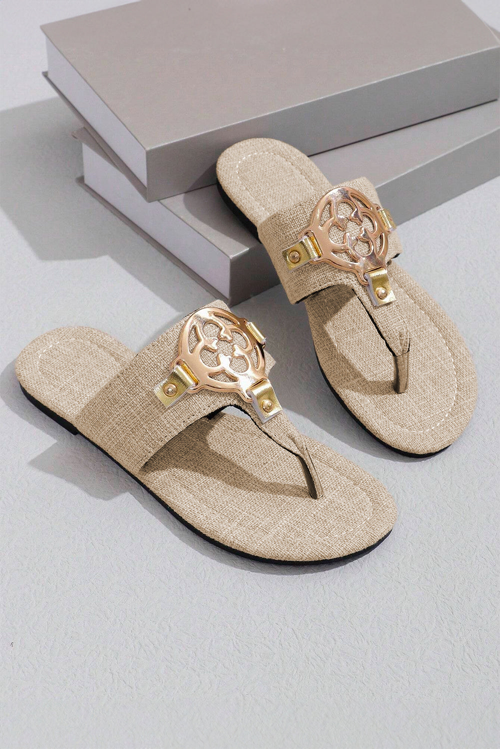 Dusk Blue Metal Decor Leather Thong Slippers