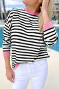 Bright Green Striped Contrast Trim Long Sleeve Top