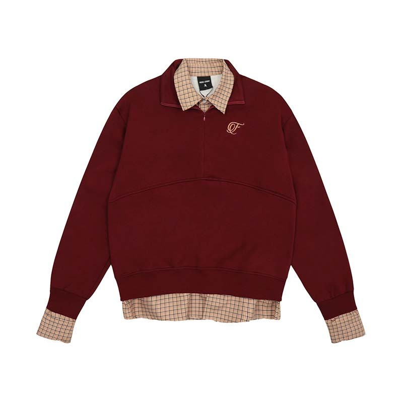 American High Street Embroidery Plaid Stitching Fake Two Pieces Brushed Hoody