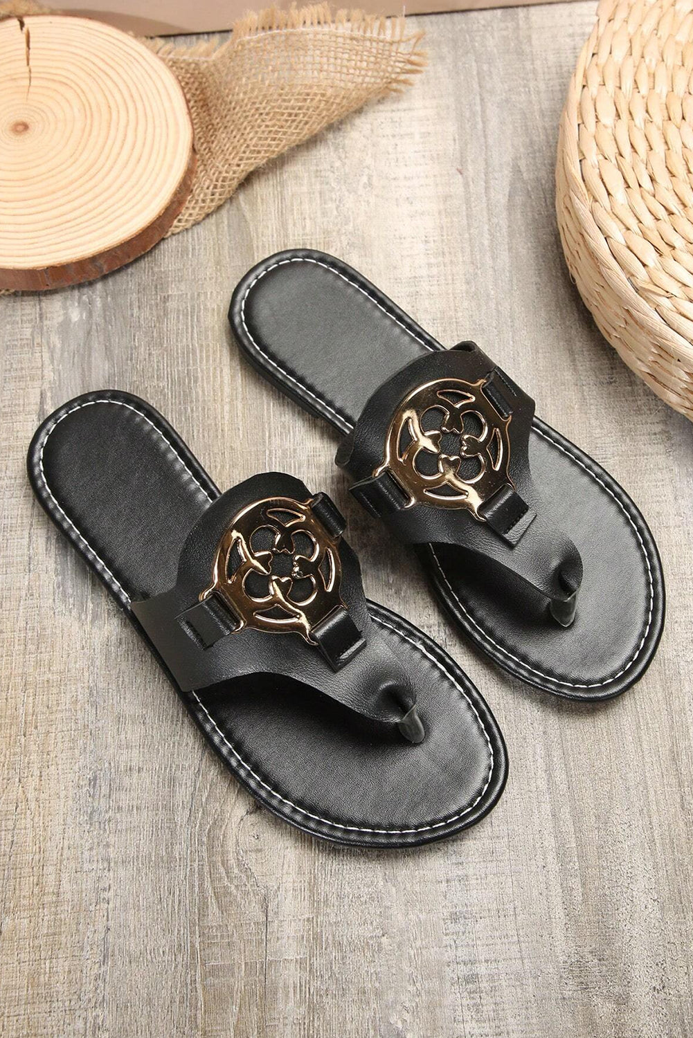 Dusk Blue Metal Decor Leather Thong Slippers