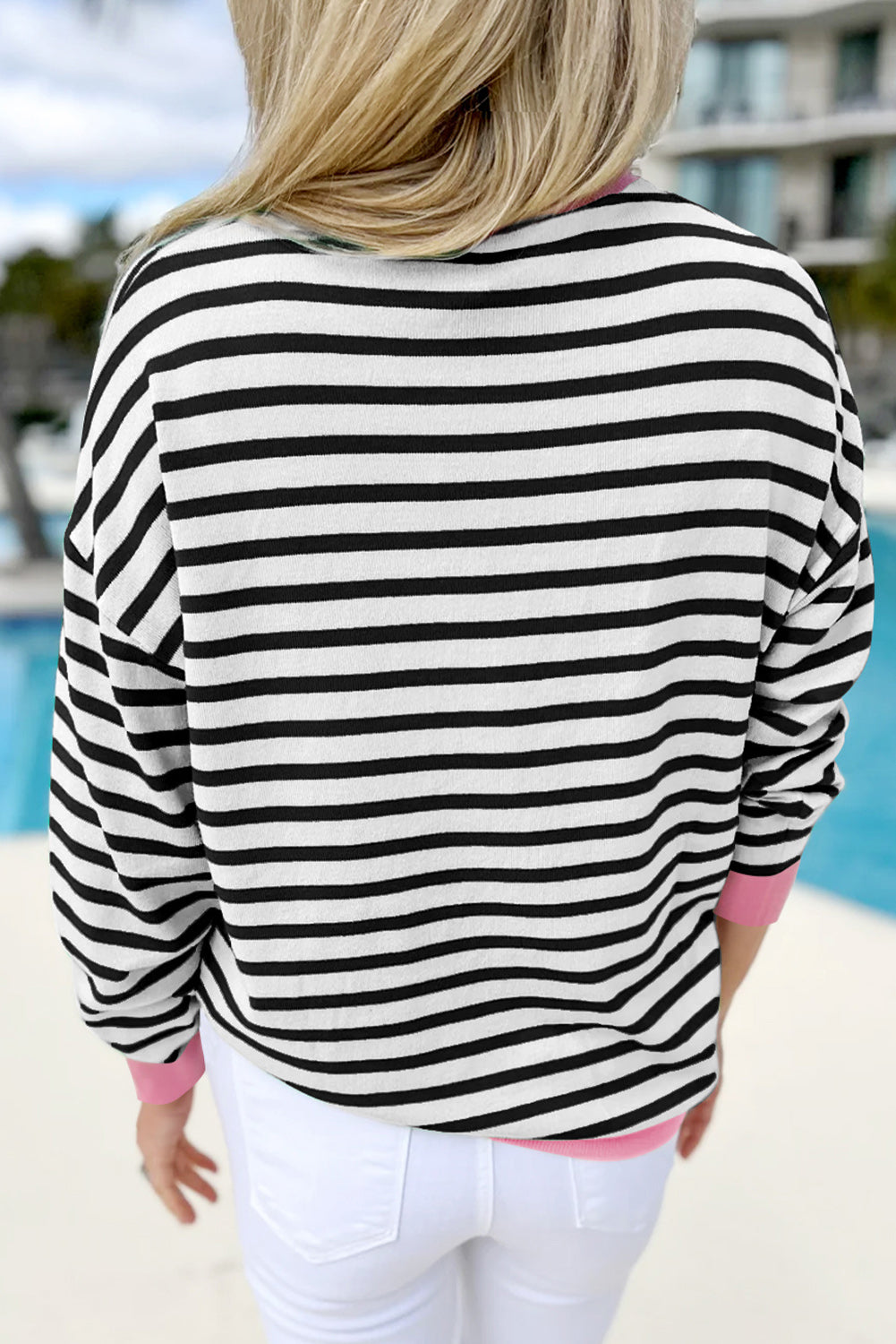 Bright Green Striped Contrast Trim Long Sleeve Top