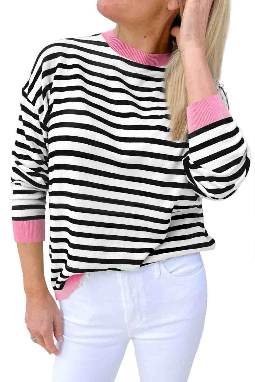 Bright Green Striped Contrast Trim Long Sleeve Top