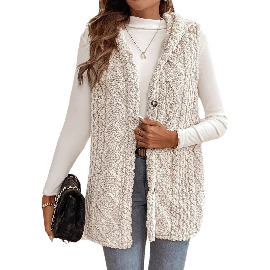 Women's Plush Coat Double-sided Diamond Plaid Texture Wool Fabric Sleeveless