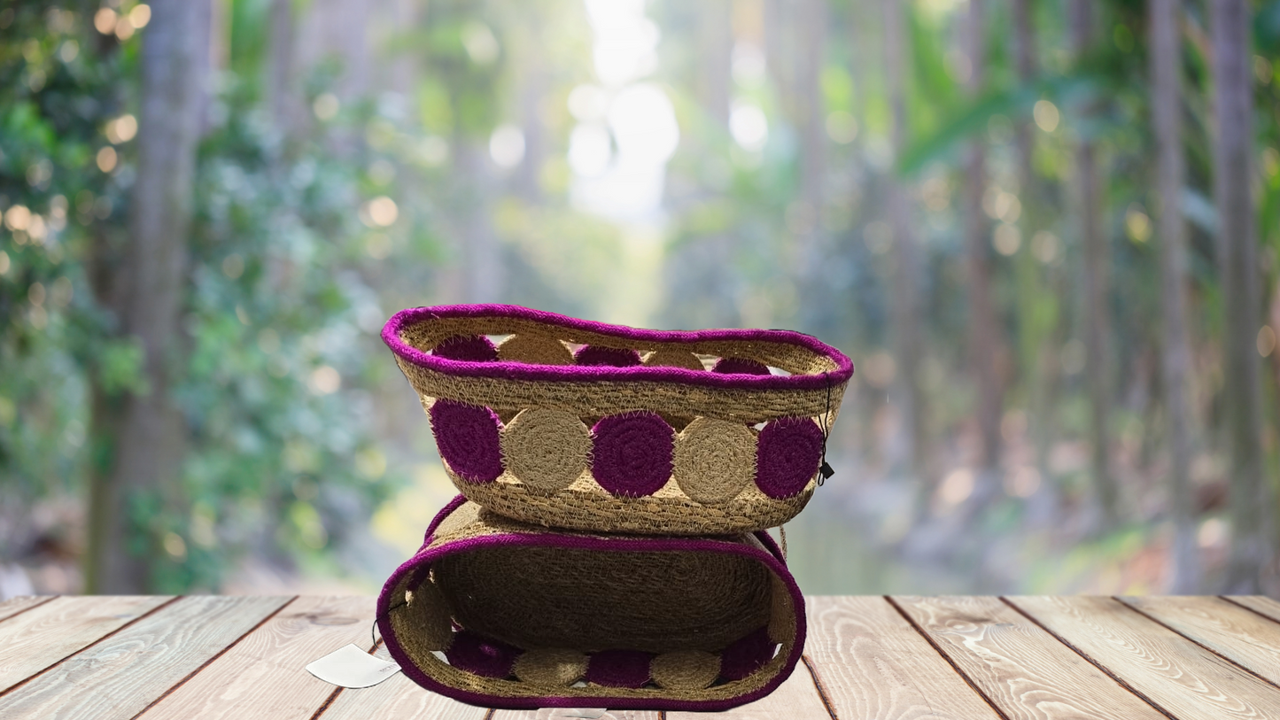 Oval Colorful Handcrafted Jute Basket – 11.5" x 6" x 4"