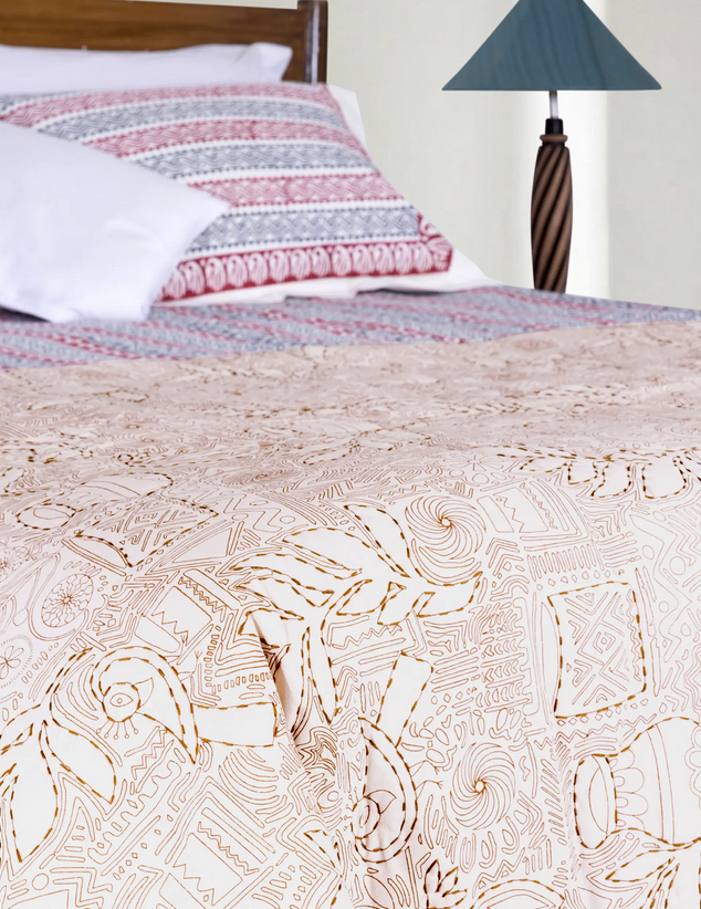 Printed Peach Cotton Razai with Intricate Embroidery