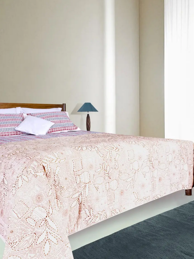 Printed Peach Cotton Razai with Intricate Embroidery