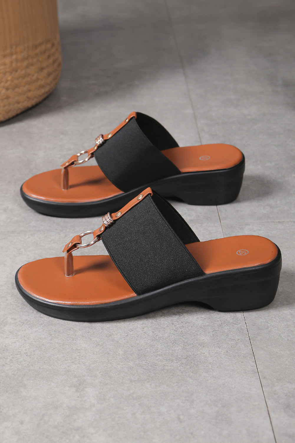 Chestnut Wide Band Clip Toe PU Leather Wedge Slippers