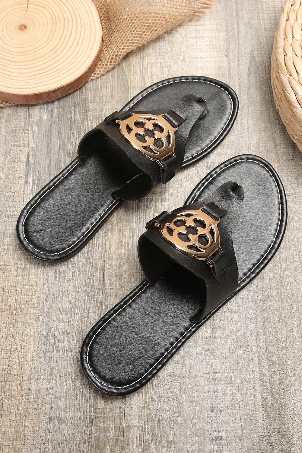 Dusk Blue Metal Decor Leather Thong Slippers