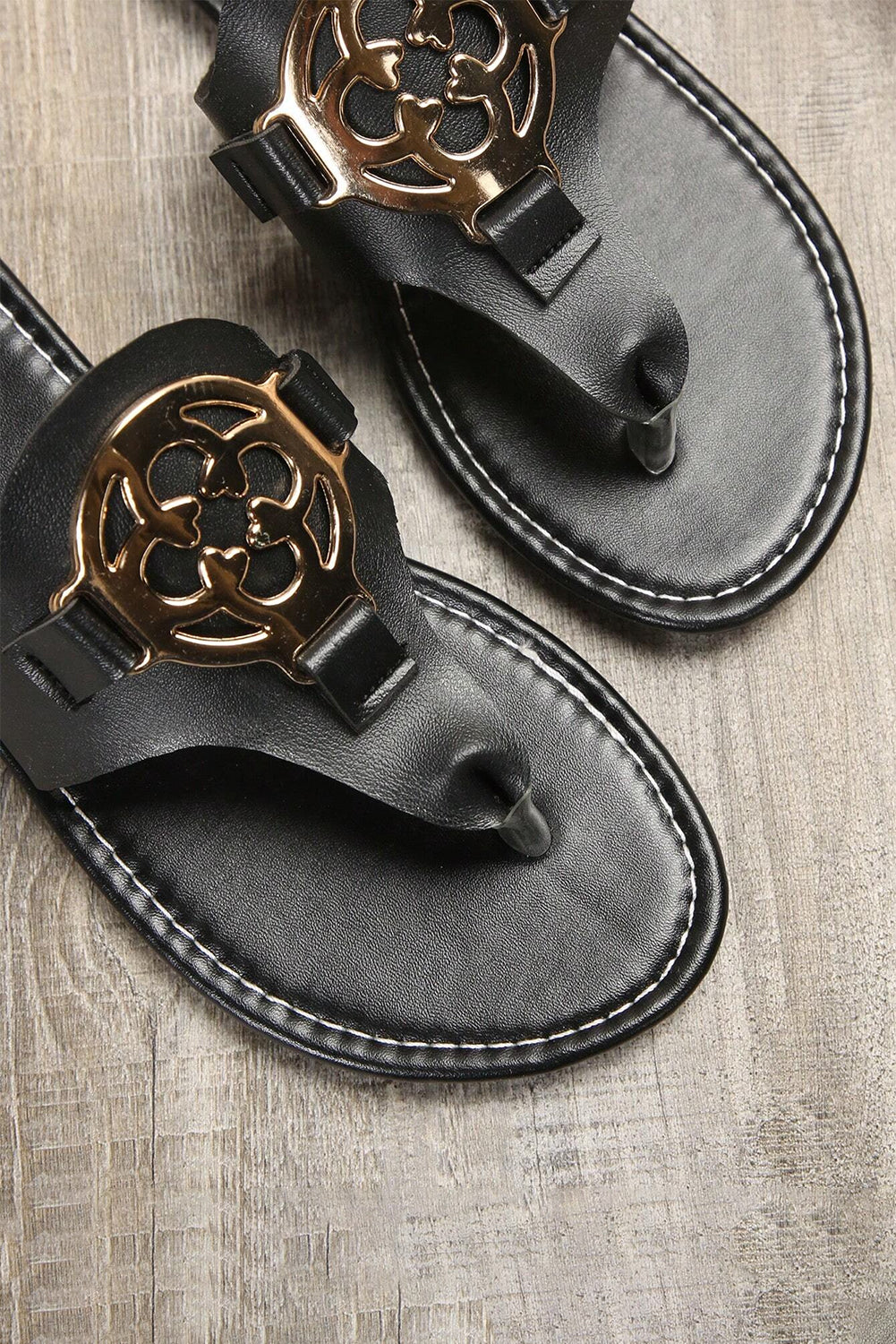 Dusk Blue Metal Decor Leather Thong Slippers