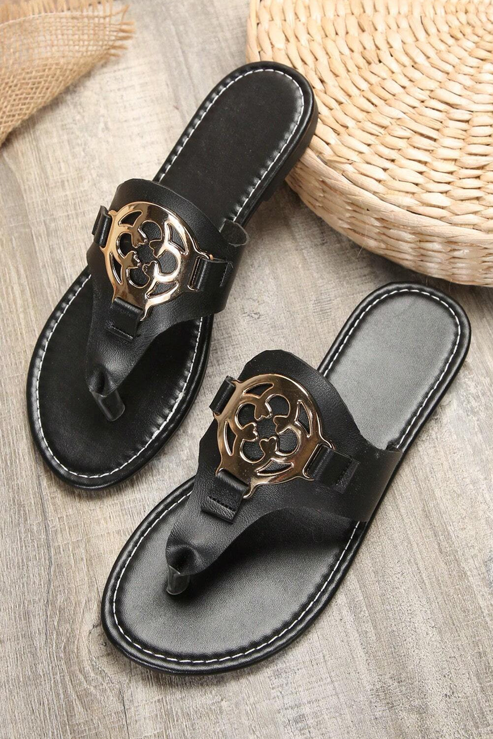 Dusk Blue Metal Decor Leather Thong Slippers