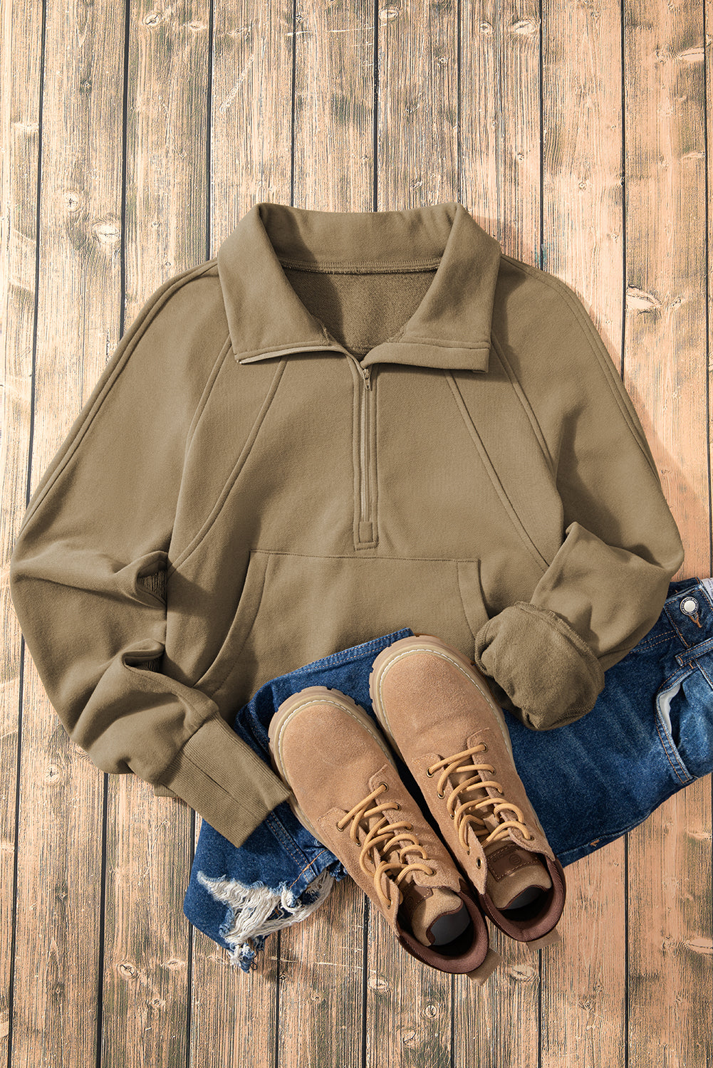 Flamingo Zip Up Stand Collar Ribbed Thumbhole Sleeve Sweatshirt