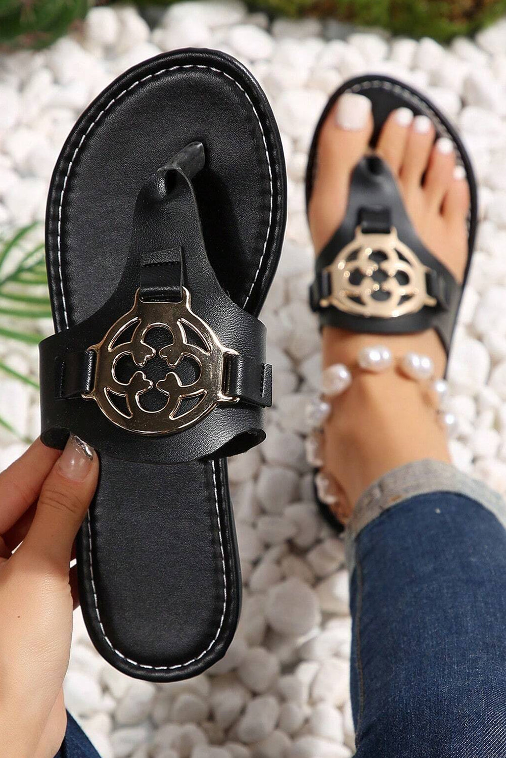 Dusk Blue Metal Decor Leather Thong Slippers