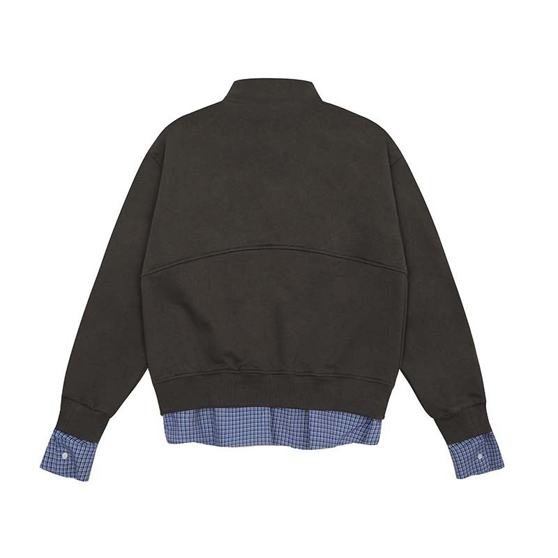 American High Street Embroidery Plaid Stitching Fake Two Pieces Brushed Hoody