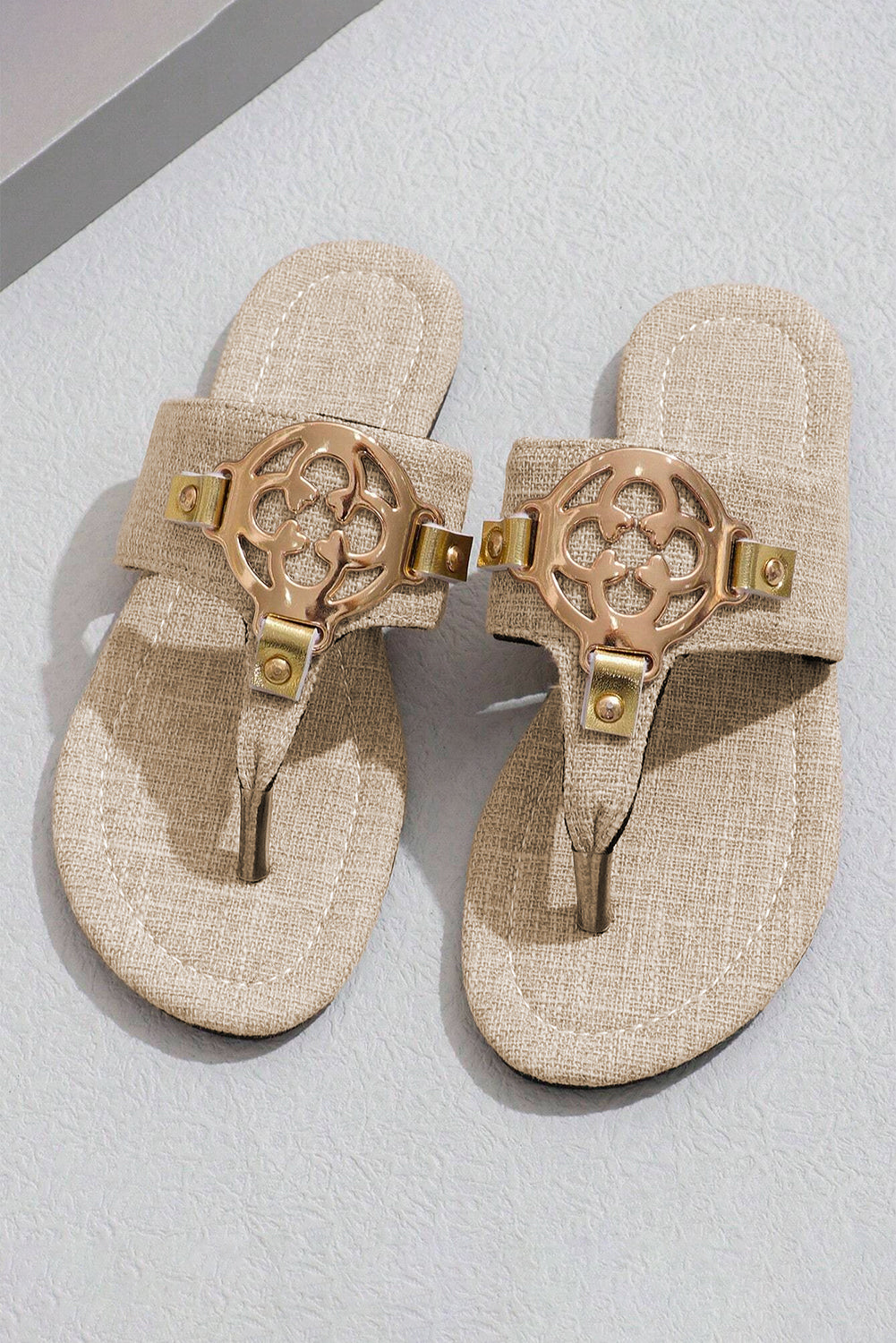 Dusk Blue Metal Decor Leather Thong Slippers
